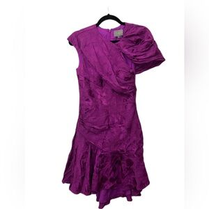 Theia Magenta Purple One Shoulder Ruffle Jacquard Cocktail Dress Size 4